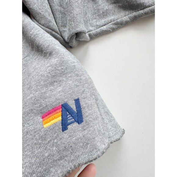 AVIATOR NATION Grey Neon Rainbow Bolt Embroidery Fleece Crop Sweatshirt, Size M - Picture 11 of 16